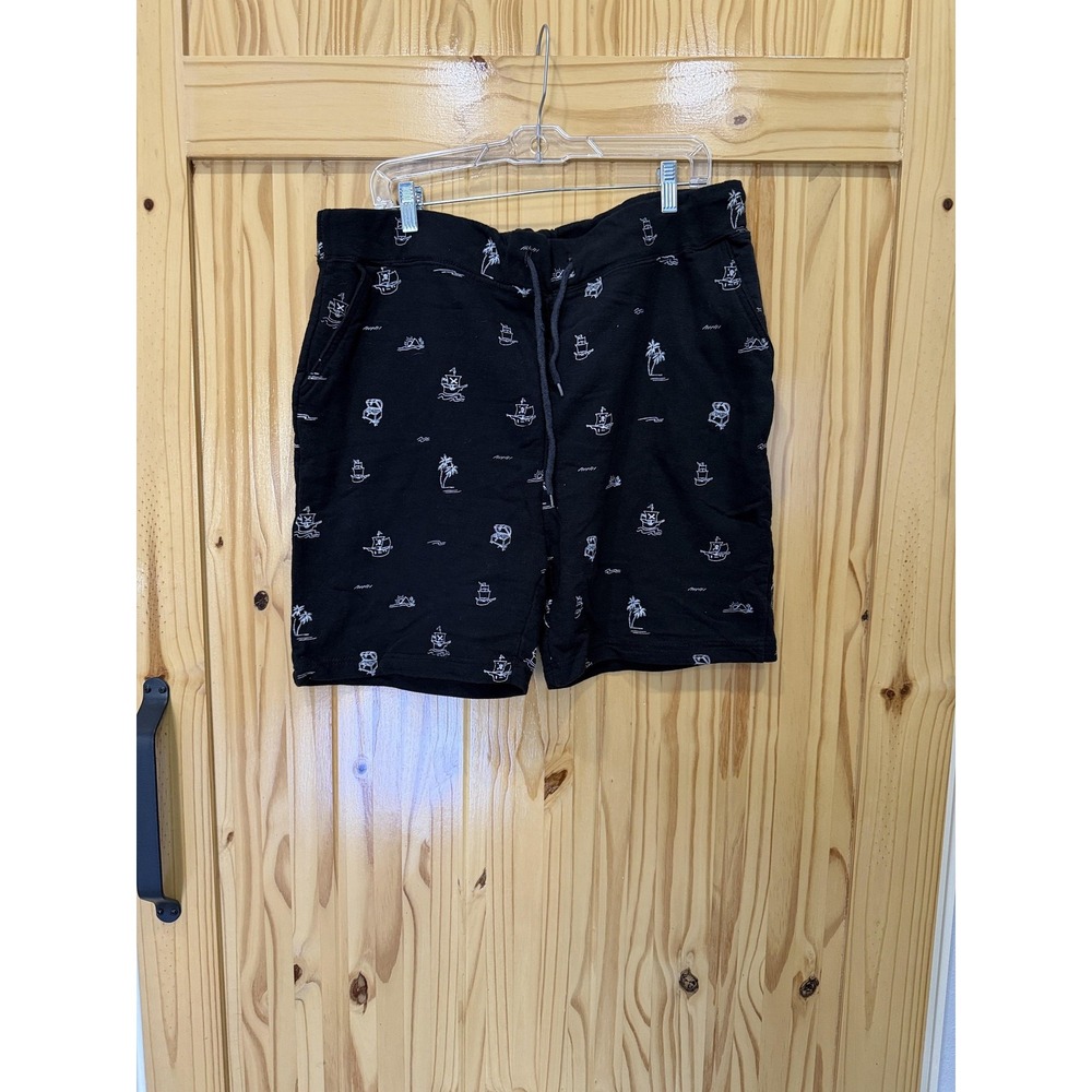 Burnside Sweat Shorts Mens XL Black Nautical Pirate Skull Print Drawstring